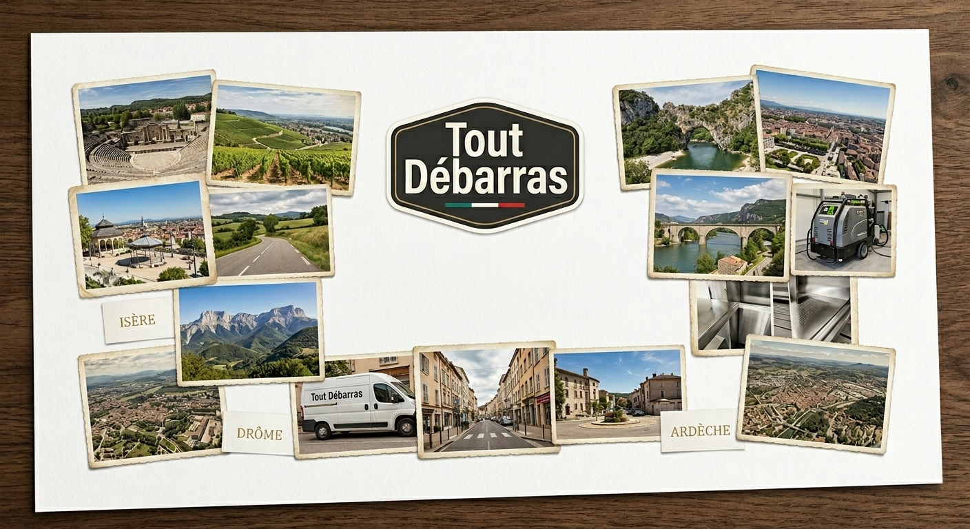 Mosaïque des zones d'intervention Tout Débarras : Isère, Drôme, Ardèche — paysages, camion et matériel professionnel