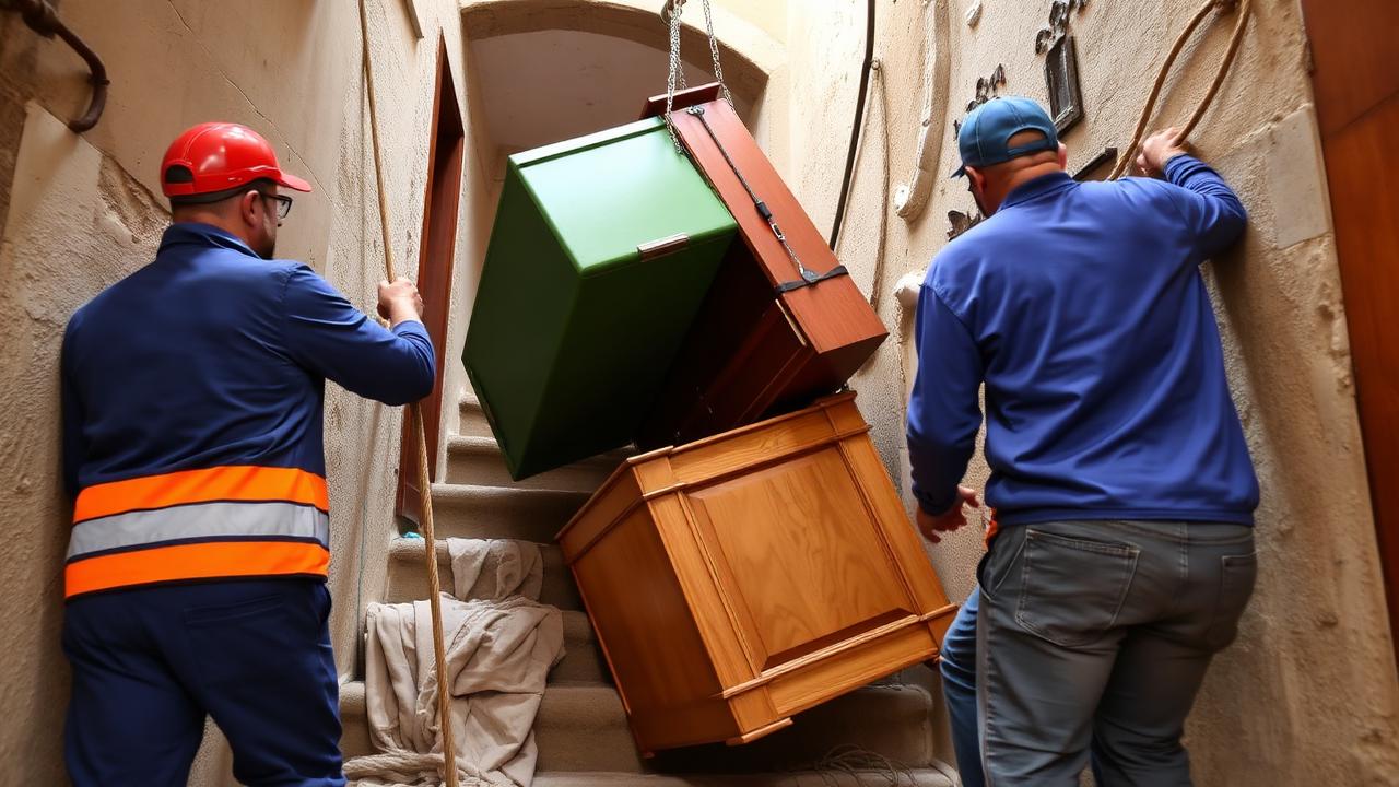 Déménageurs descendant un meuble par un escalier étroit lors d'un débarras en accès difficile