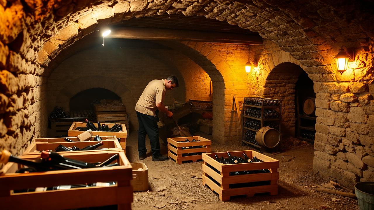 Équipe Tout Débarras vidant une cave voûtée encombrée de caisses et de bouteilles en Drôme