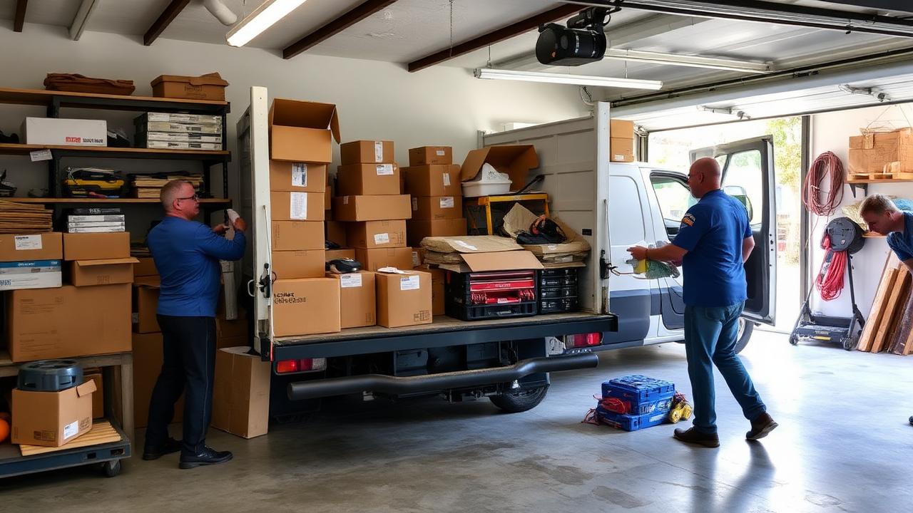 Débarras d'un garage encombré avec chargement des cartons et de l'outillage dans le camion Tout Débarras