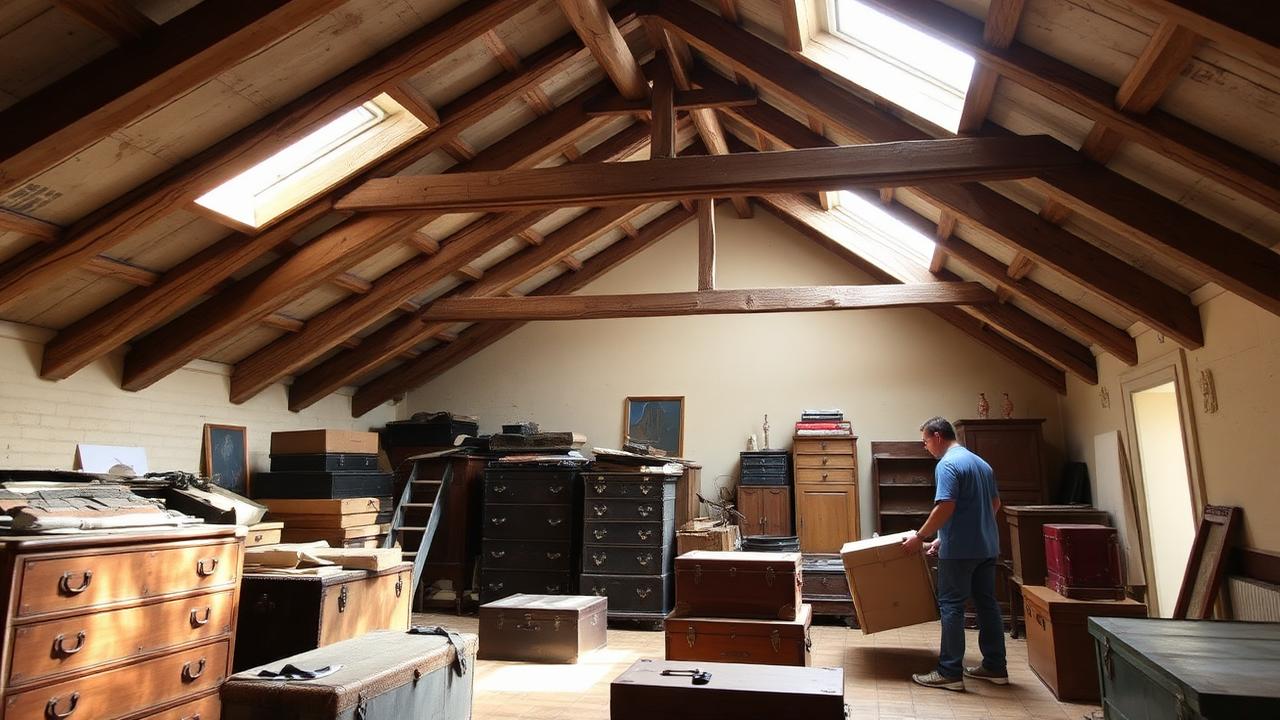Débarras d'un grenier de maison de famille rempli de malles et de meubles anciens en Isère