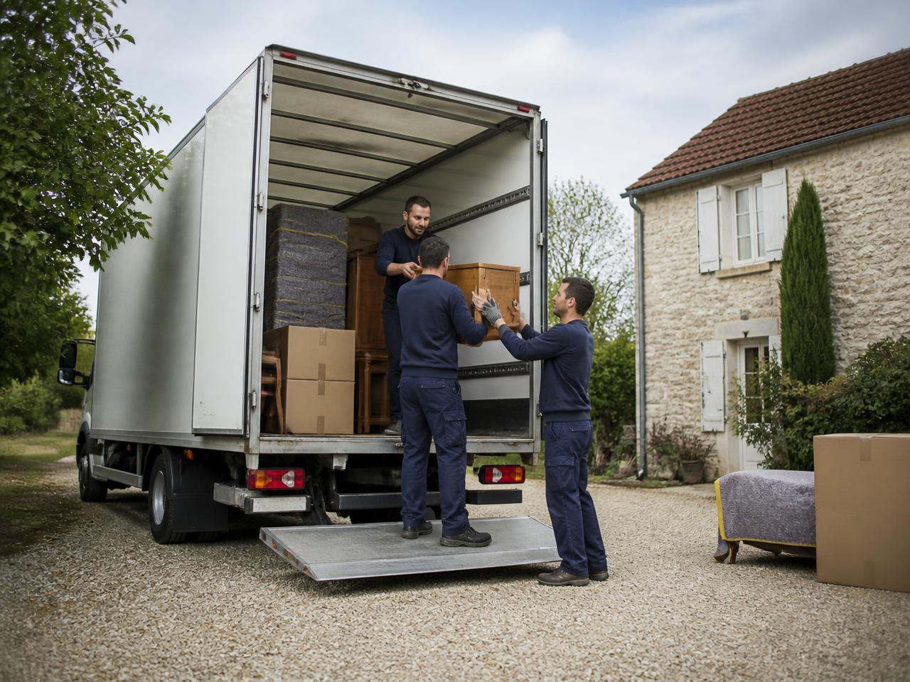 Équipe Tout Débarras chargeant meubles et cartons dans un camion 20 m³ avec hayon