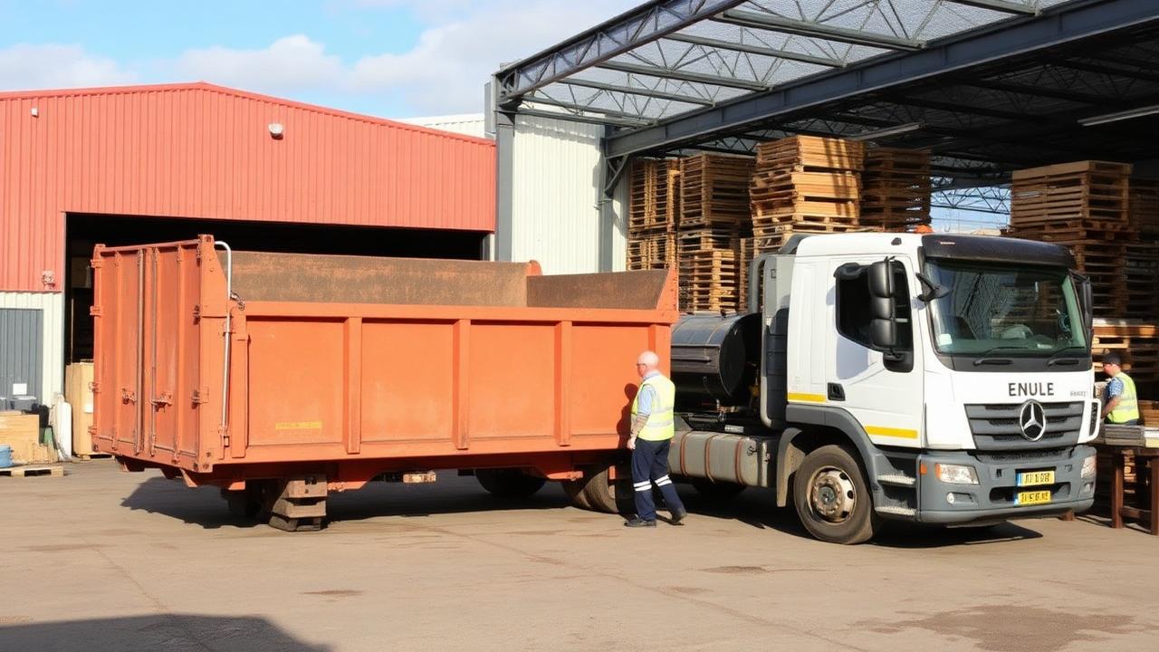 Benne et camion de gros volume sur un chantier de débarras industriel en Rhône-Alpes