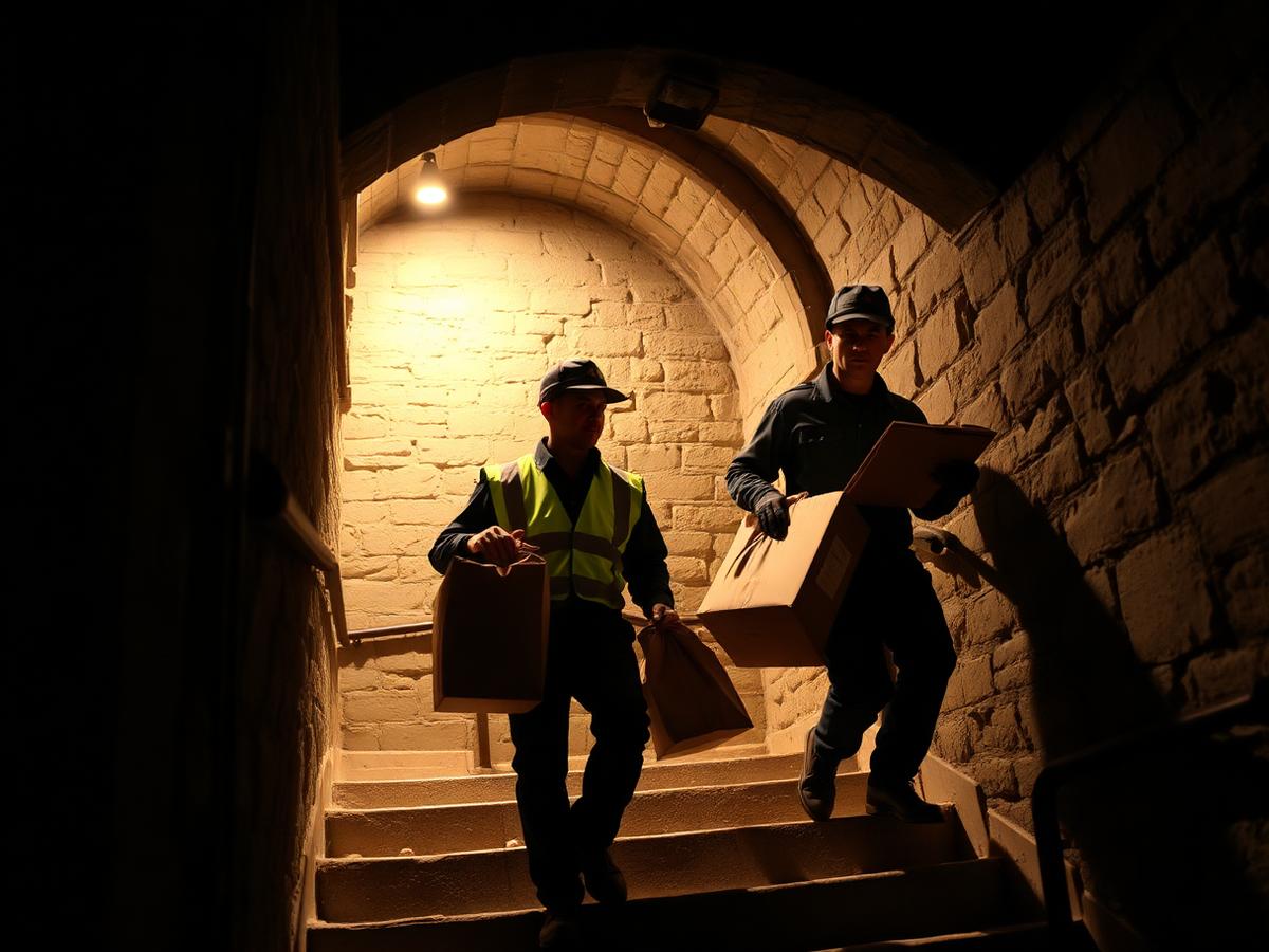 Équipe Tout Débarras remontant cartons et sacs de gravats par un escalier étroit de cave voûtée à Valence