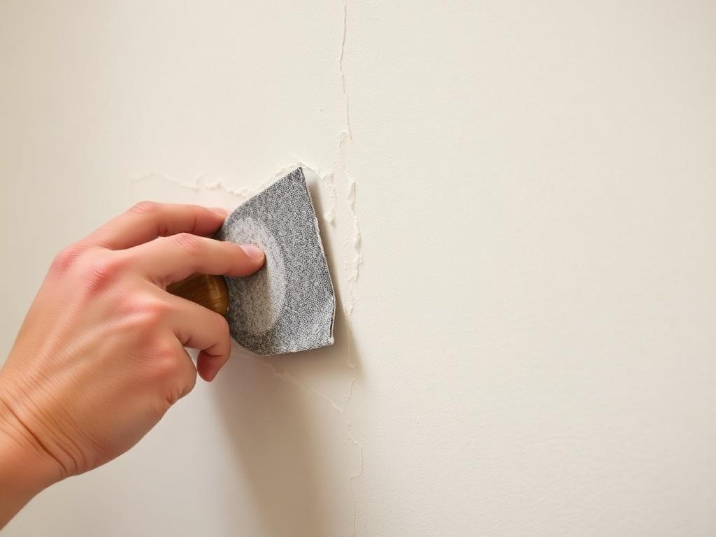 Rebouchage et ponçage des fissures d'un mur avant peinture lors d'un rafraîchissement à Vienne