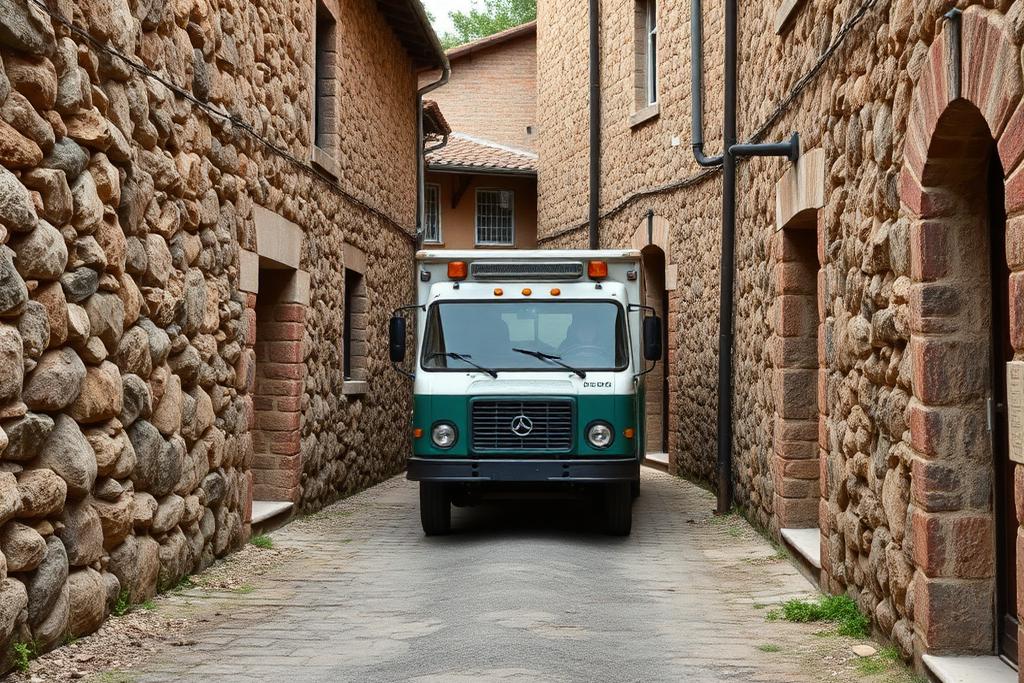 Camion de débarras engagé dans une ruelle étroite d'un village perché d'Ardèche