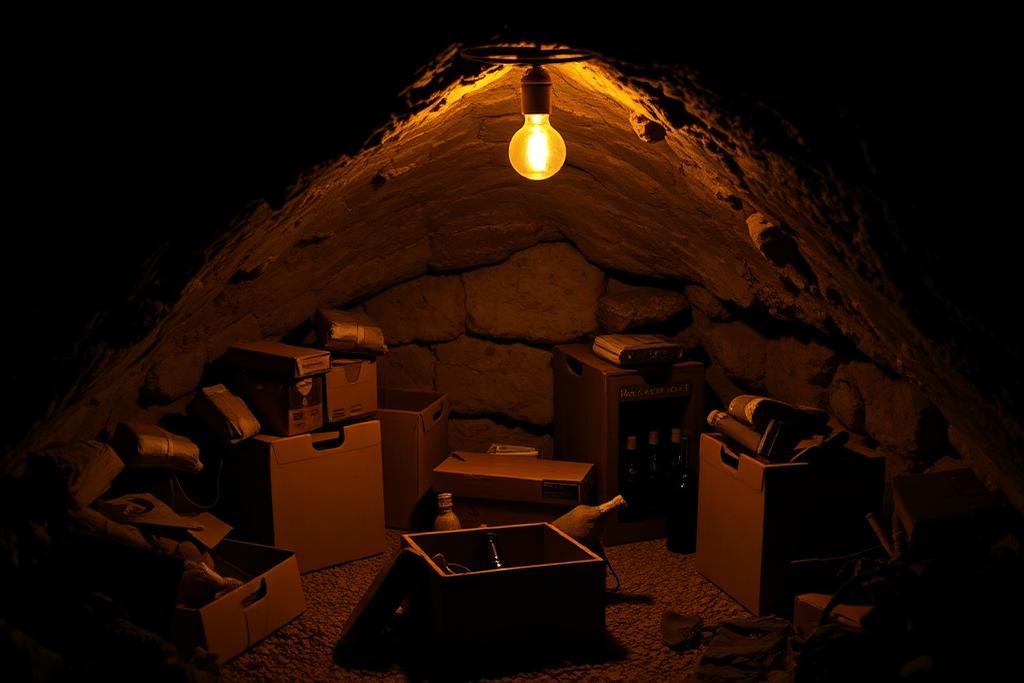 Cave voûtée sombre et encombrée de cartons avant un débarras à Valence dans la Drôme