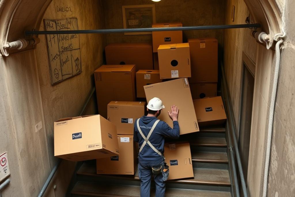 Portage de cartons dans la cage d'escalier d'un immeuble ancien à Vienne