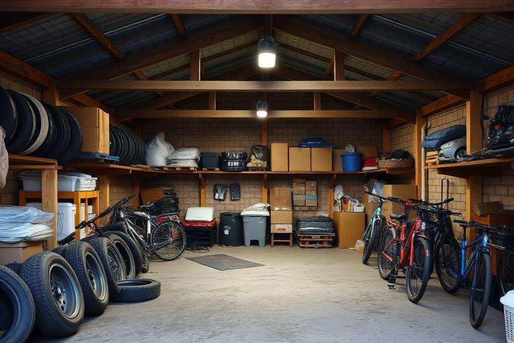 Garage de pavillon encombré de pneus, d'outillage et de cartons avant débarras dans la Drôme
