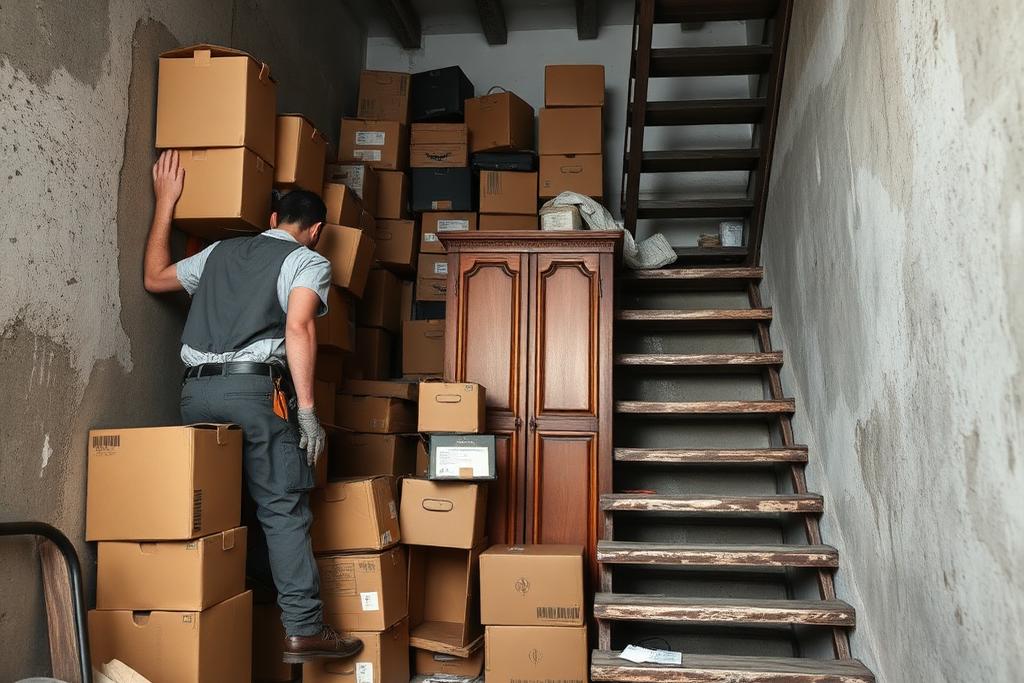 Descente de cartons et d'une armoire depuis un grenier par un escalier étroit en Isère