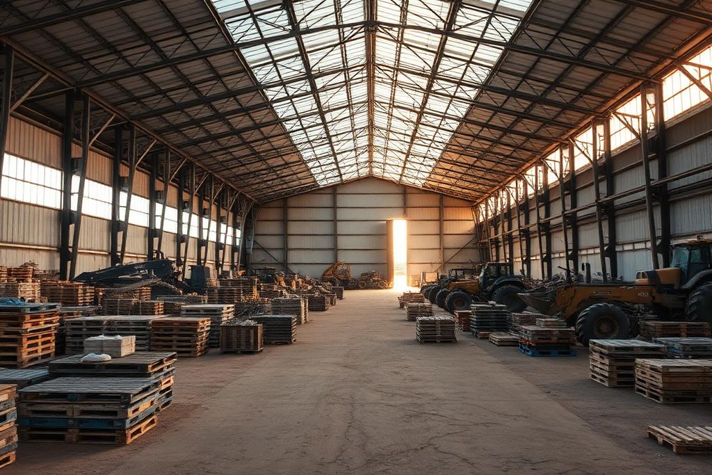 Grand hangar agricole encombré de palettes et de matériel à vider dans la plaine de la Drôme