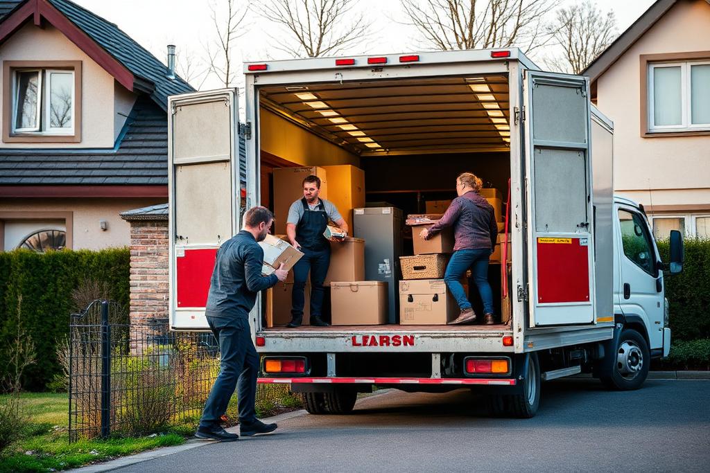 Équipe chargeant meubles et cartons dans le camion lors d'un vidage complet de maison en Drôme